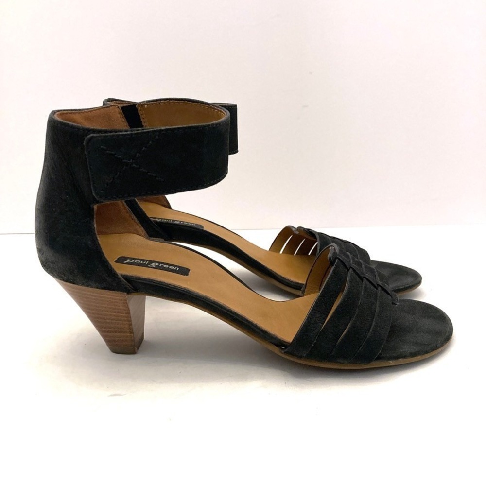 Paul Green Black Nubuck Sandals Ankle Strap Open Toe Kitten Heel Womens 7 UK 4.5